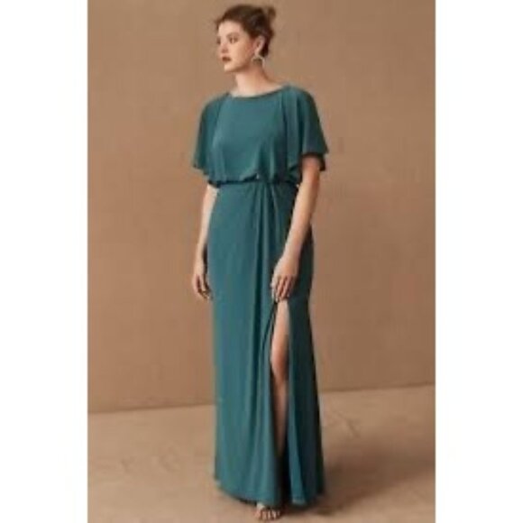 Anthropologie BHLDN Lena Flutter Sleeve Jersey Maxi‎ Gown Dress Teal Size 6 NWT - Picture 1 of 7